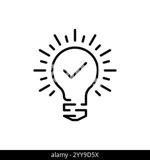 lampadina nera con segno di spunta come icona di suggerimento rapido. tratto piatto lineare tendenza semplice elemento di design logotipo di efficienza moderna isolato su bianco. concetto di Illustrazione Vettoriale