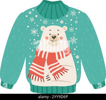 Caratterizzato da un intimo maglione verde natalizio adornato da un adorabile orso polare che indossa una vivace sciarpa rossa e fiocchi di neve giocosi, perfetto per festeggiare le vacanze invernali e le riunioni festive Illustrazione Vettoriale