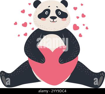 Adorabile panda che abbraccia un grande cuore rosa mentre piccoli cuori fluttuano intorno, creando una scena emozionante di amore e affetto, perfetto per San Valentino o per qualsiasi occasione che celebri l'amore Illustrazione Vettoriale