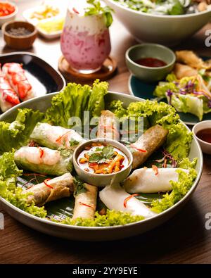 Un delizioso duo di antipasti vietnamiti: Croccanti torte di pesce fritte e involtini primavera di gamberi freschi, serviti con vivaci insalate verdi per un rinfresco. Foto Stock