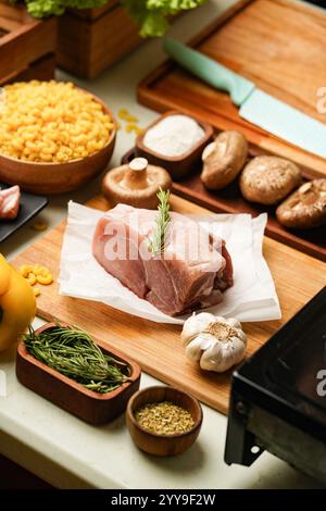 Spalla di maiale tagliata di fresco disposta su una tavola rustica di legno, circondata da verdure e spezie vivaci, pronta per un sostanzioso pasto casalingo. Foto Stock