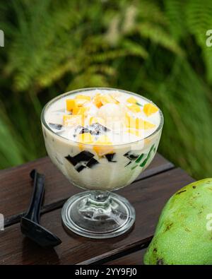 Un rinfrescante dessert halo-halo filippino servito in un calice di calice, con ghiaccio tritato, fagioli dolci, nata de coco, leche flan, jackfruit e eva Foto Stock