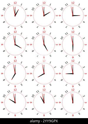 Una serie di orologi meccanici con un'immagine di ciascuna delle dodici ore. Quadrante dell'orologio su sfondo bianco. Illustrazione Vettoriale