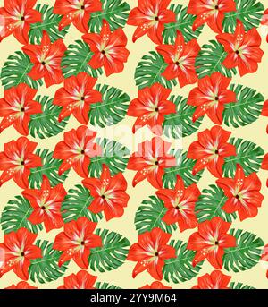 Fiore di ibisco rosso digitale dipinto a mano con motivo senza cuciture a foglia verde tropicale per l'estate e la primavera. sfondo. Foto Stock