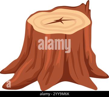 Ceppo d'albero risultante dal processo di deforestazione che mostra anelli di crescita e crepe, isolato su sfondo bianco, ideale per progetti educativi e ambientali Illustrazione Vettoriale