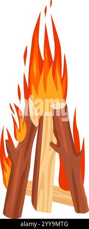 Falò che brucia con fiamme luminose fatte di tronchi di legno, creando un'atmosfera calda e accogliente su sfondo bianco, perfetto per il campeggio o per avventure all'aperto Illustrazione Vettoriale