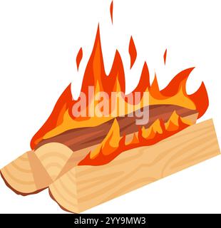 Legna da ardere con grandi fiamme che creano un'atmosfera accogliente e calda, perfetta per illustrazioni relative al campeggio, alla sopravvivenza o alle vacanze invernali Illustrazione Vettoriale