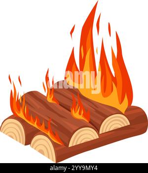 Falò che ruggisce con grandi fiamme che danzano su tre robusti tronchi di legno, creando un'atmosfera accogliente e invitante ideale per escursioni in campeggio o riunioni all'aperto con gli amici Illustrazione Vettoriale