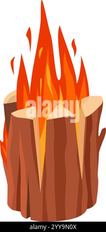 Falò con grandi fiamme e tronchi in fiamme, creando un'atmosfera calda e invitante, ideale per escursioni in campeggio o riunioni all'aperto sotto il cielo stellato Illustrazione Vettoriale