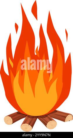 Falò con alte fiamme che danzano su tronchi di legno, creando un'atmosfera calda e invitante ideale per escursioni in campeggio o riunioni all'aperto con amici e familiari Illustrazione Vettoriale