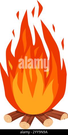 Falò che brucia con fiamme vivaci su sfondo bianco, con tronchi disposti a forma di stella, creando un'atmosfera accogliente e invitante perfetta per riunioni e celebrazioni Illustrazione Vettoriale