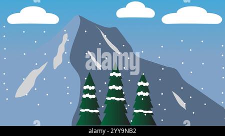illustrazione del freddo inverno con sfondo di alberi, montagne e nuvole Illustrazione Vettoriale
