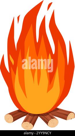 Falò acceso con fiamme accese su tronchi di legno impilati, su uno sfondo bianco pulito, perfetto per catturare l'essenza del campeggio, dell'avventura e delle esperienze all'aria aperta Illustrazione Vettoriale