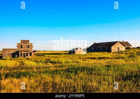 Un campo con alcuni vecchi edifici sullo sfondo. Il cielo è blu e il sole splende Foto Stock