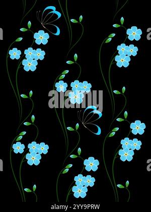 Senza cuciture, con Forget me non fiori e farfalle. Illustrazione Vettoriale