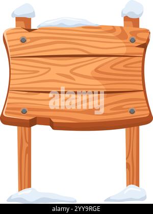 Insegna di legno coperta di neve in alto e in basso, sostenuta da due pali di legno, posta su sfondo bianco, che fornisce ampio spazio per testo e messaggi Illustrazione Vettoriale