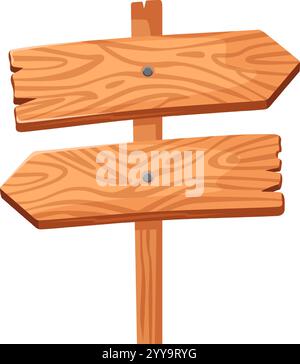 Due frecce in legno con chiodi puntano in direzioni opposte, montate su un unico palo, per creare uno strumento di individuazione delle strade semplice ma efficace Illustrazione Vettoriale