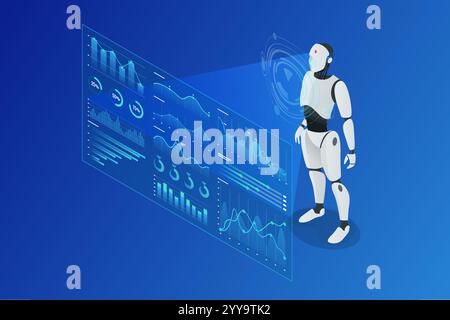 Flusso di lavoro basato sull'IA isometrica. Robot umanoide isometrico che analizza i dati su schermo olografico, con grafici delle prestazioni, grafici e futuristici Illustrazione Vettoriale