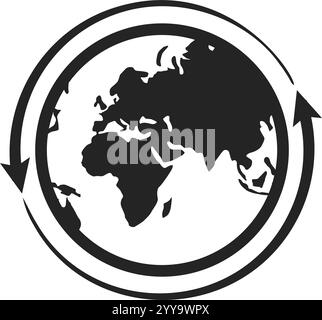 Due frecce circolari ruotano intorno a un globo terrestre stilizzato, simboleggiando il trasporto globale, la logistica e il commercio internazionale in un design semplice ed efficace in bianco e nero Illustrazione Vettoriale