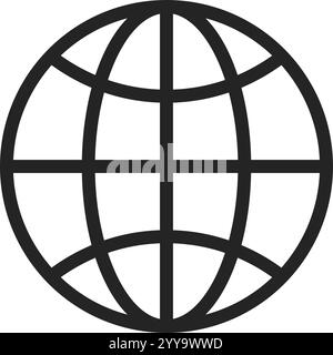 Semplice icona a forma di globo in bianco e nero che simboleggia la comunicazione globale, il business internazionale e la connettività mondiale in un design minimalista Illustrazione Vettoriale