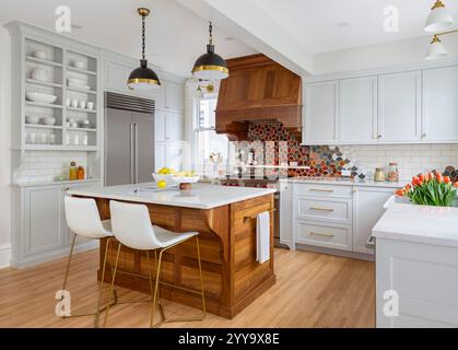 Cucina con isola in noce e cappa e armadi blu tenue Foto Stock