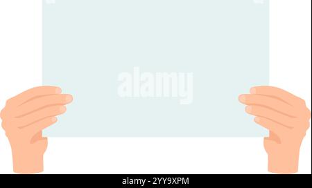 Due mani che reggono un foglio di carta vuoto su uno sfondo bianco pulito, fornendo ampio spazio per aggiungere testo o grafica, ideale per presentazioni e pubblicità Illustrazione Vettoriale