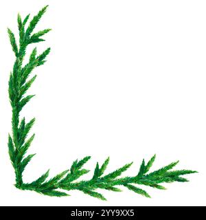 Cornice angolare quadrata realizzata con freschi rami di abete, che donano un tocco naturale all'arredamento delle tue vacanze. Illustrazione acquerello perfetta per Natale e novità Foto Stock