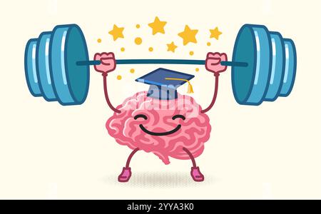 Carino e divertente personaggio dei cartoni animati che solleva il cervello da barbell pesante. Scuola, istruzione, concetto di studio Illustrazione Vettoriale