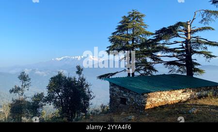 bella cabina di montagna con pini e montagne himalayane ricoperte di neve Foto Stock