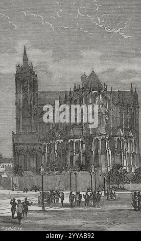 Le Mans, Francia. Cattedrale di San Giuliano di le Mans (Cathédrale Saint-Julien du Mans). Vista generale dell'esterno. Incisione di Laporta, 1870. Foto Stock