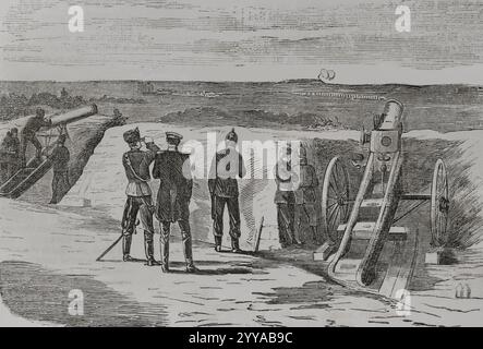 Guerra franco-prussiana (1870-1871). Assedio di Metz (dal 19 agosto al 27 ottobre 1870). Batteria di artiglieria prussiana. Incisione. Historia de la Guerra de Francia y Prusia (storia della guerra tra Francia e Prussia). Volume I. pubblicato a Barcellona, 1870. Foto Stock