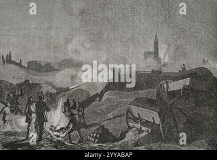 Guerra franco-prussiana (1870-1871). Assedio di Strasburgo (15 agosto-28 settembre 1870). Bombardamento di Strasburgo da parte dei prussiani. Incisione. Historia de la Guerra de Francia y Prusia (storia della guerra tra Francia e Prussia). Volume I. pubblicato a Barcellona, 1870. Foto Stock