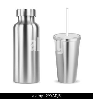 Bottiglia d'acqua isolata in acciaio inox, modello vettoriale tazza da viaggio. Termos metallici riutilizzabili per bevande calde o fredde. Matraccio termico con cannuccia per ta Illustrazione Vettoriale