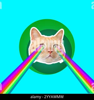 Riprese Cat con laser arcobaleno dagli occhi su sfondo turchese, collage creativo. Poster elegante Foto Stock