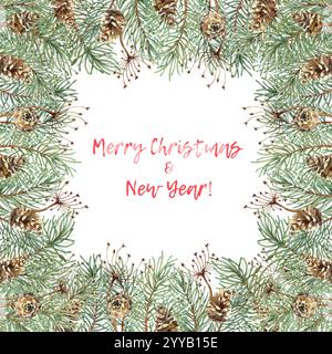 Rami di abete, coni di pino e fiori d'erba per Natale e Capodanno, illustrazione ad acquerello. Cornice quadrata, bordo con piante invernali isolate dal retro Foto Stock