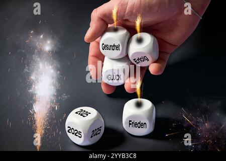 Baviera, Germania - 20 dicembre 2024: Spettacolari fuochi d'artificio illuminano il cielo notturno mentre una mano regge dadi simbolici con auguri di salute, successo, felicità e pace per l'anno 2025. Le scintille brillano vivacemente, simboleggiando speranza e gioia, rendendo questa immagine di Silverster la scelta ideale per i saluti e i desideri ispiratori di Capodanno. FOTOMONTAGGIO *** Ein spektakuläres Feuerwerk erleuchtet den Nachthimmel, während eine hand simbolische Würfel mit Wünschen wie Gesundheit, Erfolg, Glück und Frieden für das Jahr 2025 hält. Die Funken sprühen lebhaft, Symbolisieren Hoffnung und Freude und machen Foto Stock