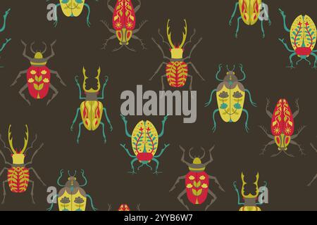 Scarabei senza cuciture stravaganti insetti di arte popolare. Diversi bug fantasy con ali a fantasia, sfondo sconfinato. Insetti design senza fine per stampa su carta, tessuto, modello di sfondo avvolgente Illustrazione Vettoriale