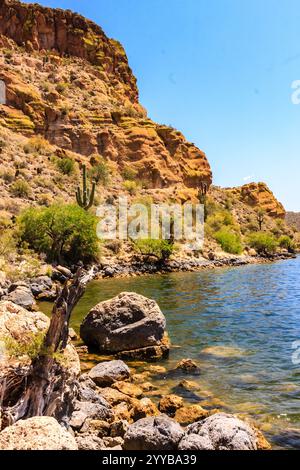 Una costa rocciosa con un corpo d'acqua sullo sfondo. L'acqua è calma e le rocce sono sparse intorno alla riva Foto Stock