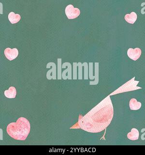 Uccello carino che guarda un cuore rosa dipinto ad acquerello dipinto a mano sul turchese. Clip art rosa di alta qualità in stile cartone animato, ideale per i prodotti per bambini Foto Stock