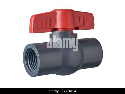valvola a sfera in pvc grigio scuro con manico rosso sulla parte superiore per tornitura e estremità filettate sfondo bianco isolato, dispositivo idraulico per il controllo del flusso nel tubo Foto Stock