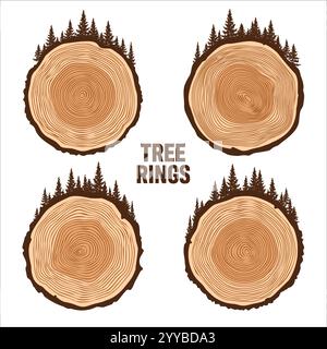 Tronco di alberi rotondi taglia con alberi e foreste. Fette di pino o quercia segate, legname. Sega tagliava legname, legno. Struttura in legno marrone con anelli ad albero. Disegnato a mano Illustrazione Vettoriale