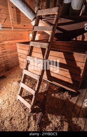 Una scala si appoggia contro una struttura in legno. La scala è realizzata in legno e ha un aspetto rustico Foto Stock