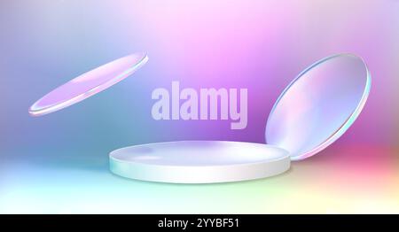 Podio ologramma minimalista con dischi volanti su sfondo iridescente gradiente. Piedistallo rotondo con elementi geometrici. Impostazione di visualizzazione realistica per Illustrazione Vettoriale