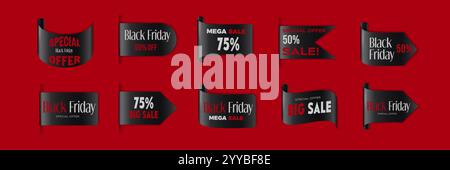 Sconti Black Friday e badge di sconto Cyber Monday ed etichette a nastro con sovrapposizione ed effetto ombra su sfondo rosso. Set vettoriale 3d realistico di nove Illustrazione Vettoriale