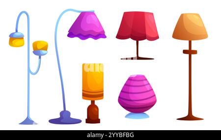 Collezione di lampade da tavolo e da terra - luce fissa blu curva, paralume viola ondulato, illuminazione da tavolo cremisi, lampada cilindrica arancione e magenta Illustrazione Vettoriale