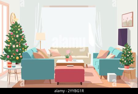 Interno del soggiorno decorato con l'albero di Natale Illustrazione Vettoriale