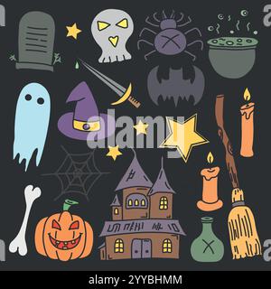 Imposta le icone di Halloween. Doodle Halloween background Illustrazione Vettoriale
