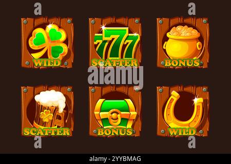 Icone del giorno di San Patrizio su una tavola di legno per il gioco o le slot machine. Simboli slot- sei icone- trifoglio, 777, calderone di monete d'oro, tazza di birra, petto verde Illustrazione Vettoriale