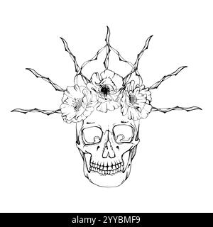 Cinco de Mayo cranio umano in corona a chiodi, anemone papavero peonia. Simbolo della festa messicana del giorno dei morti. Illustrazione isolata del vettore di inchiostro disegnata a mano Illustrazione Vettoriale