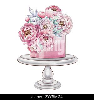 Un'incantevole torta presenta un bouquet di peonie rosa elegantemente disposte sulla sua superficie, catturando un momento di dolce festa Illustrazione Vettoriale